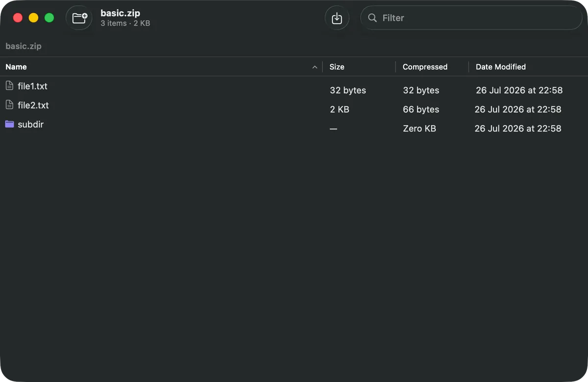 The Kutio Archive Browser window listing every file and folder inside an open archive, sorted like a Finder window, with the inspector pane open showing details for the selected entry.