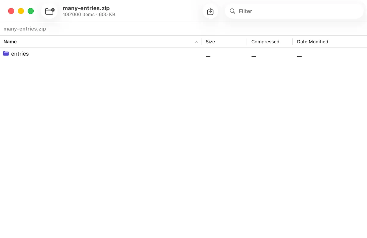 The Kutio Archive Browser window listing every file and folder inside an open archive, sorted like a Finder window, with the inspector pane open showing details for the selected entry.